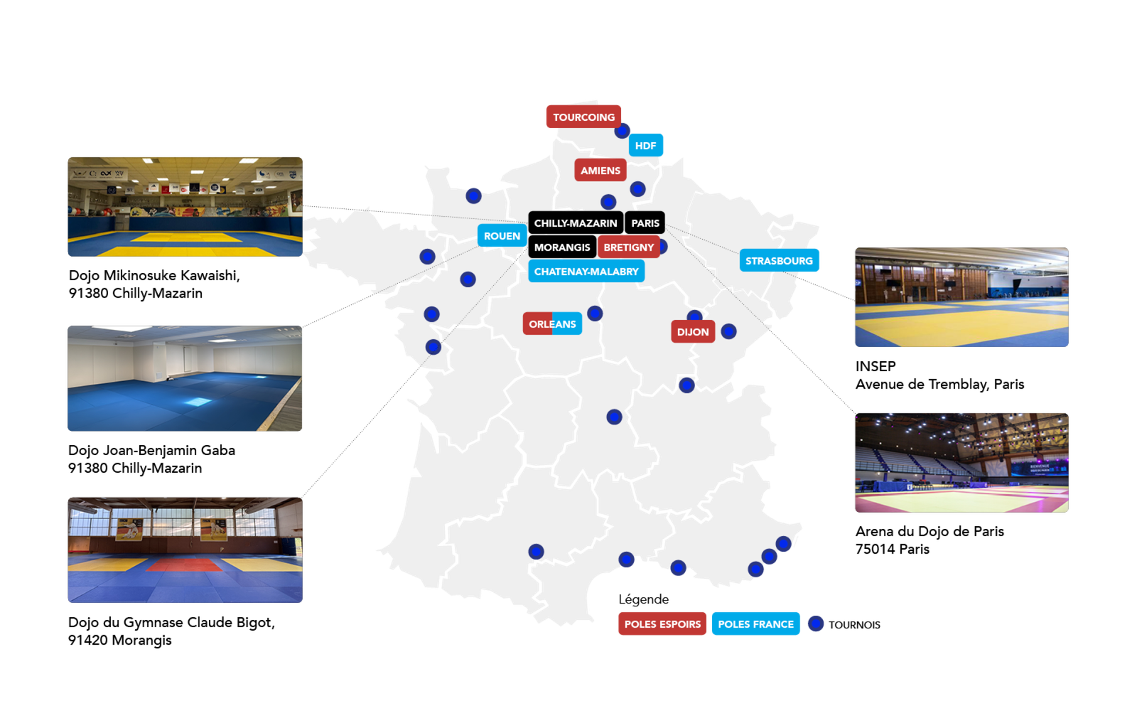 Nos structures d'entraînement — carte de France avec dojos, pôles France et Espoirs, INSEP, Arena du Dojo de Paris